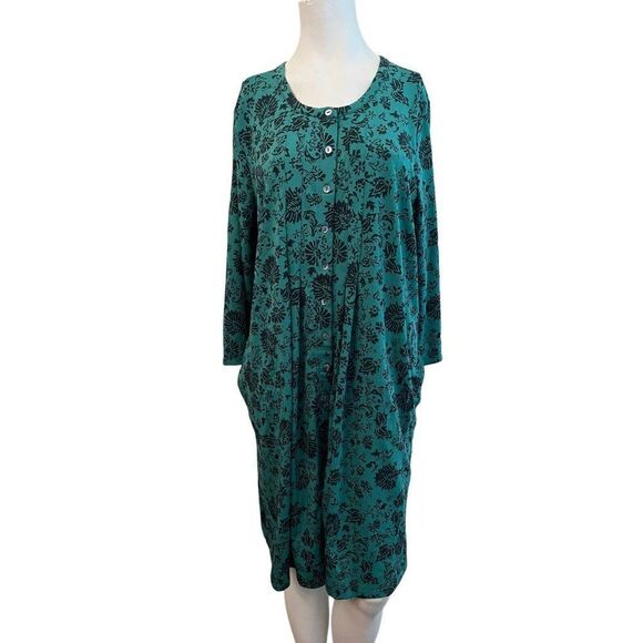 Ladies Large Button Front Knit Long Sleeve Dress Pockets Green Black Floral NWT - Picture 1 of 3